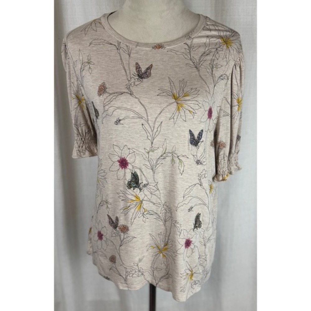 Daniel Rainn Womens Beige‎ Floral Butterfly Puff Sleeve Top Large